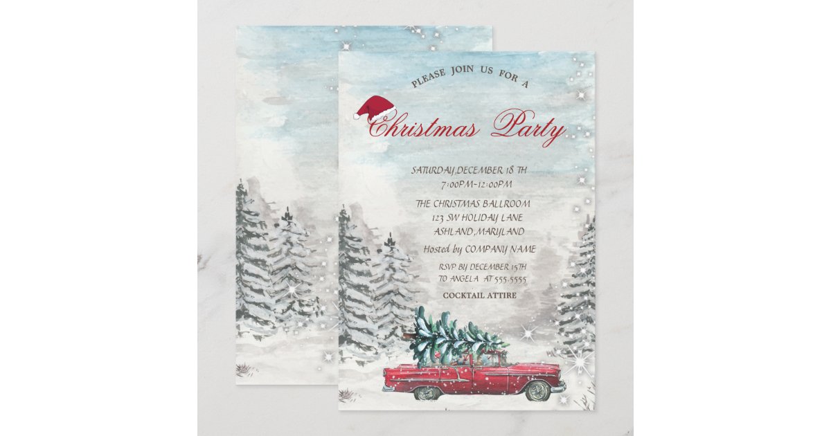 Red Truck Pine Tree Forest Christmas Invitation | Zazzle