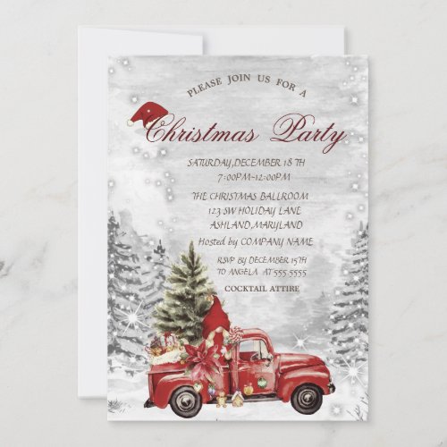 Red Truck Pine Tree Gnome Snow Forest Christmas Invitation