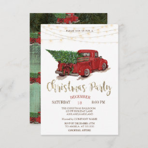 Red Truck Pine Tree,Lights Wood Christmas Party Invitation