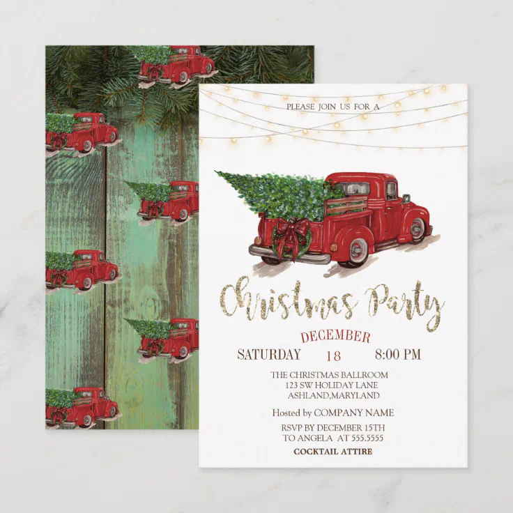 Red Truck Pine Tree,Lights Wood Christmas Party Invitation | Zazzle
