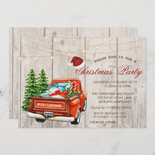Red Truck Pine TreeLights Wood Christmas Party Invitation