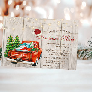 Red Truck Pine Tree,Lights Wood Christmas Party Invitation