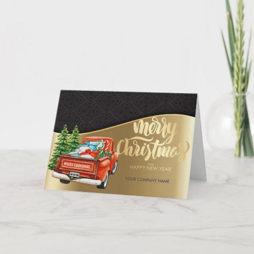 Red Truck Pine Tree Merry Christma Gold Greeting Holiday Card