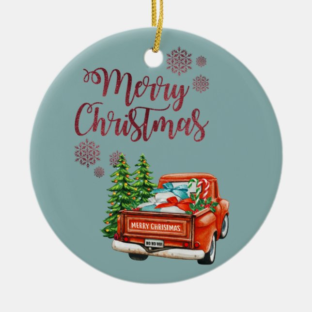 Red Truck Pine Tree Merry Christmas Ceramic Ornament (Front)