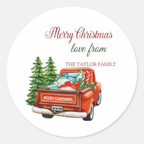 Red Truck Pine Tree Merry Christmas Classic Round Sticker