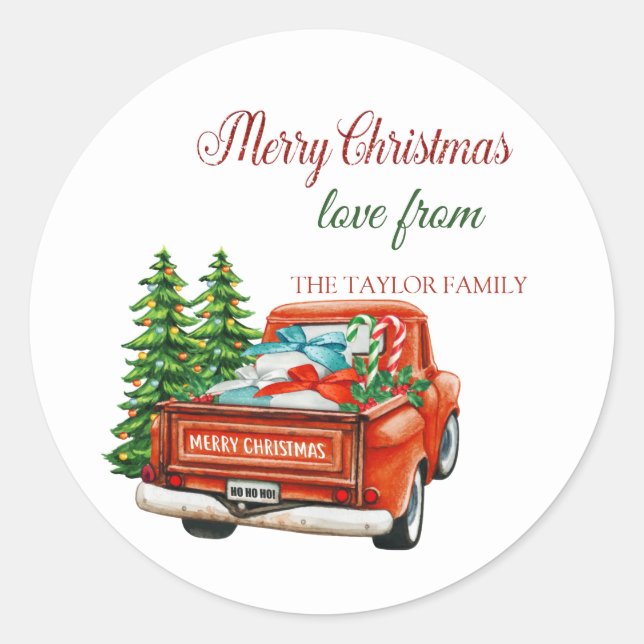 Red Truck Pine Tree Merry Christmas Classic Round Sticker (Front)