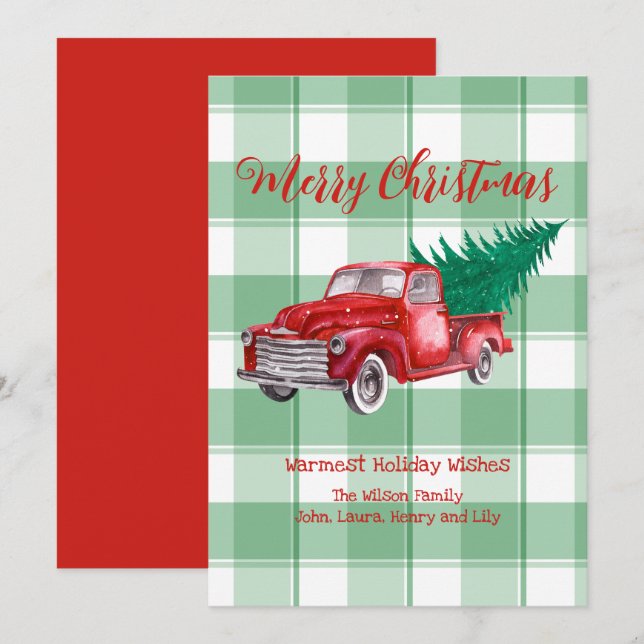 Red Truck Pine Tree Merry Christmas Green Gingham Holiday Card (Front/Back)