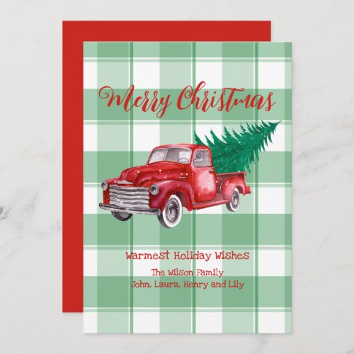 Red Truck Pine Tree Merry Christmas Green Gingham Holiday Card