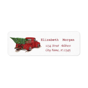 Red Truck Pine Tree Merry Christmas Label