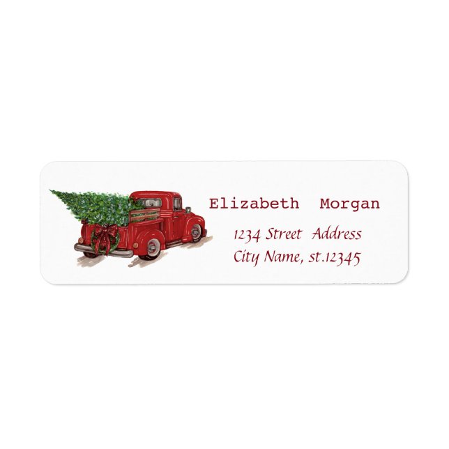 Red Truck Pine Tree Merry Christmas Label (Front)