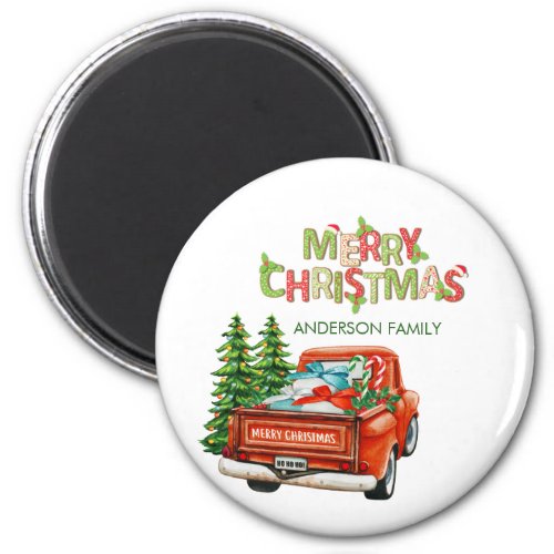 Red Truck Pine Tree Merry Christmas Magnet