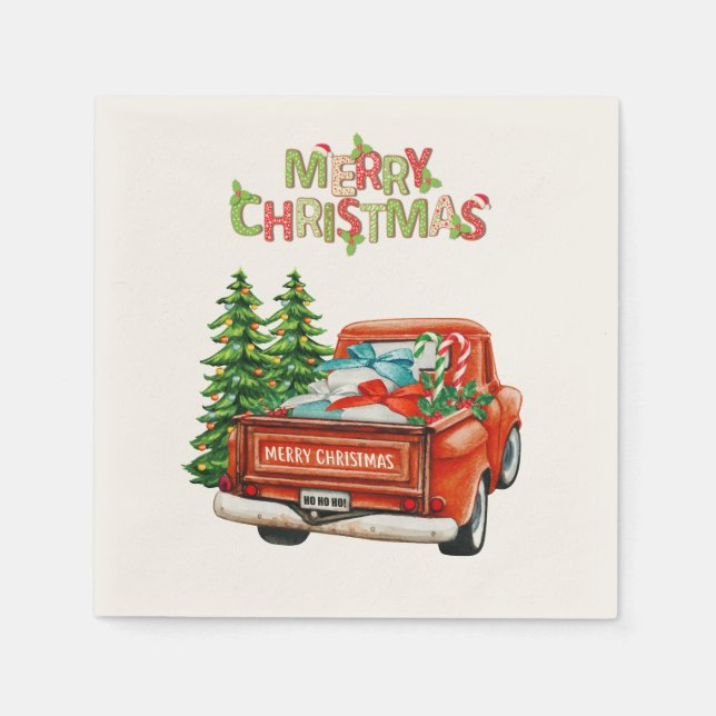 Red Truck Pine Tree Merry Christmas Napkins (Front)