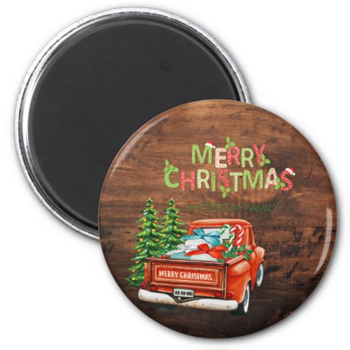 Red Truck Pine Tree Merry Christmas Wood Magnet