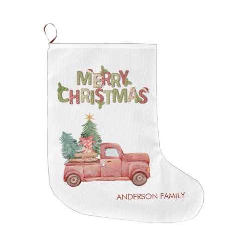 Red Truck Pine Tree Presents Merry Christmas Large Christmas Stocking