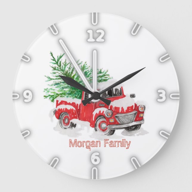 Red Truck Pine Tree Snow Christmas  Large Clock (Front)