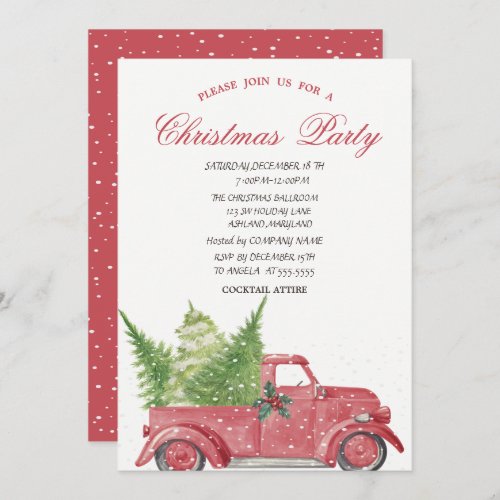 Red Truck Pine Tree Snow Christmas Party Invitation