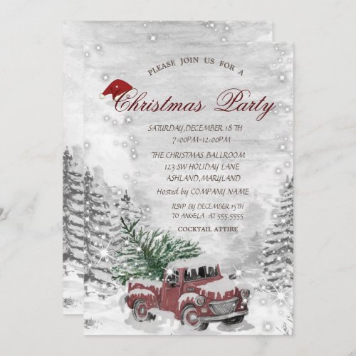 Red Truck Pine Tree Snow Forest Christmas Invitation