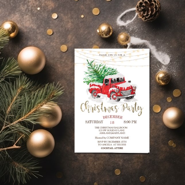 Red Truck Pine Tree Snow,Lights Christmas Party  Invitation (Creator Uploaded)