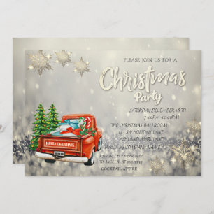 Red Truck Pine Trees Bokeh Snowflakes Christmas Invitation
