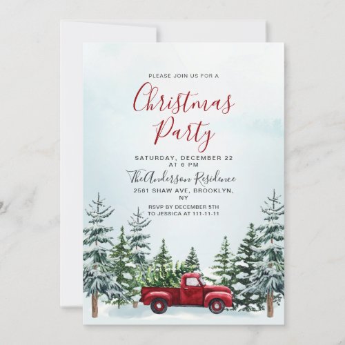 Red Truck Pine Trees Christmas Christmas Party Invitation