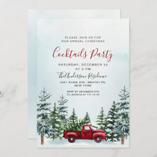 Red Truck Pine Trees Christmas Cocktails Party Invitation