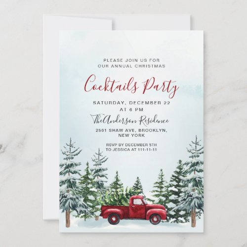 Red Truck Pine Trees Christmas Cocktails Party Invitation