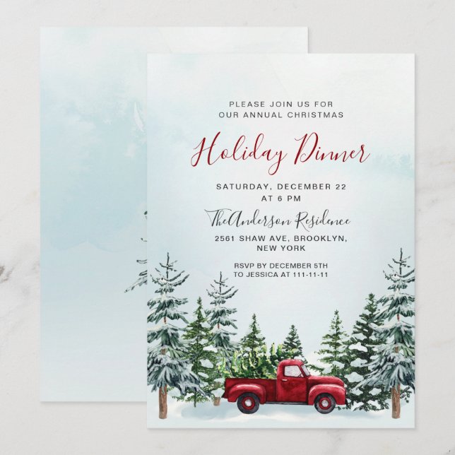 Red Truck Pine Trees Christmas Holiday Dinner Invitation (Front/Back)