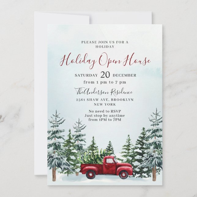 Red Truck Pine Trees Christmas Holiday Open House Invitation (Front)