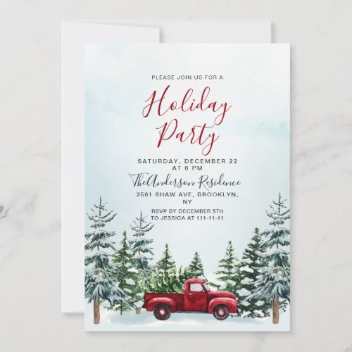Red Truck Pine Trees Christmas Holiday Party Invitation