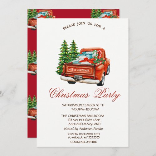 Red Truck Pine Trees Christmas Party Invitation