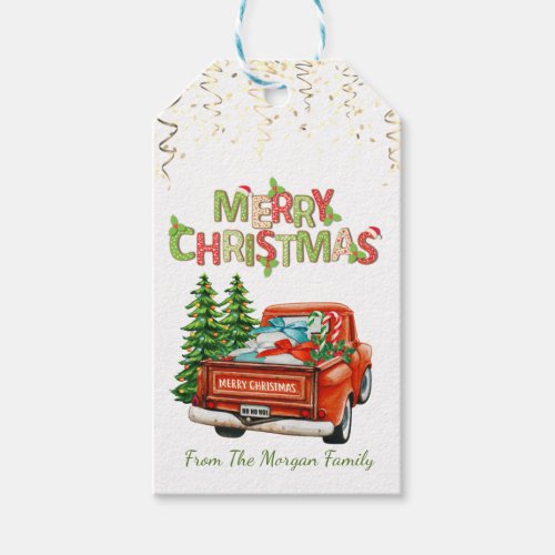 Red Truck Pine TreesConfettiMerry Christmas Gift Tags