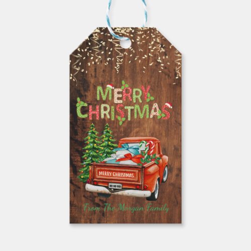 Red Truck Pine TreesConfettiWood Merry Christmas Gift Tags