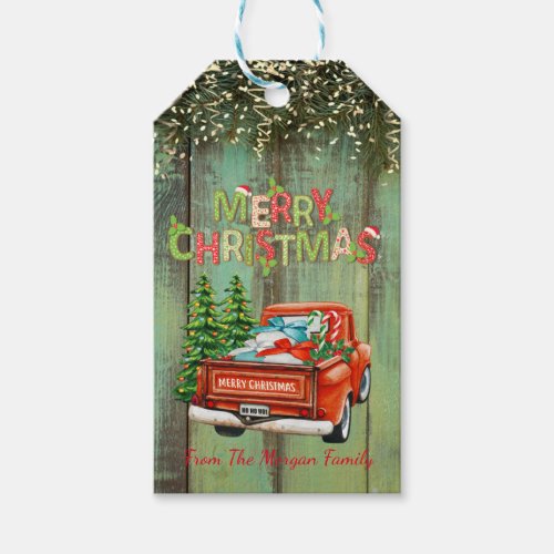 Red Truck Pine TreesGreen Wood Merry Christmas Gift Tags