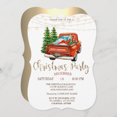 Red Truck Pine TreesLights Gold Christmas Party Invitation