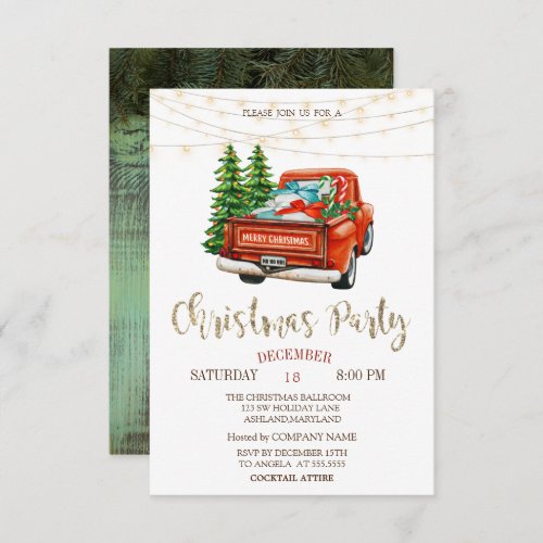 Red Truck Pine TreesLights Wood Christmas Party Invitation
