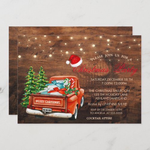 Red Truck Pine TreesLights Wood Christmas Party Invitation