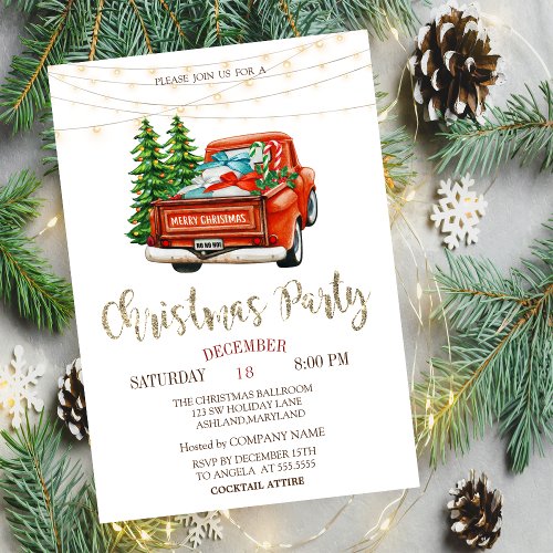 Red Truck Pine TreesLights Wood Christmas Party Invitation