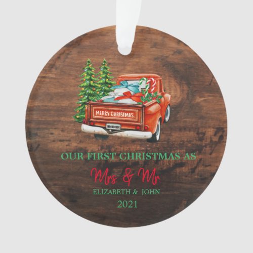 Red Truck Pine Trees Our First Christmas Wood Ornament