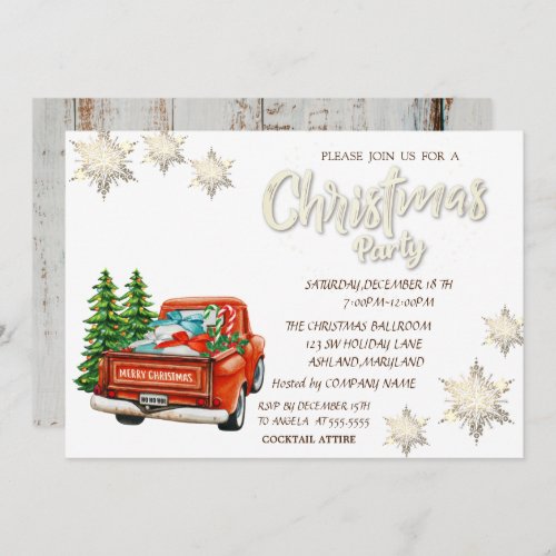 Red Truck Pine Trees Snowflakes Wood Christmas Invitation