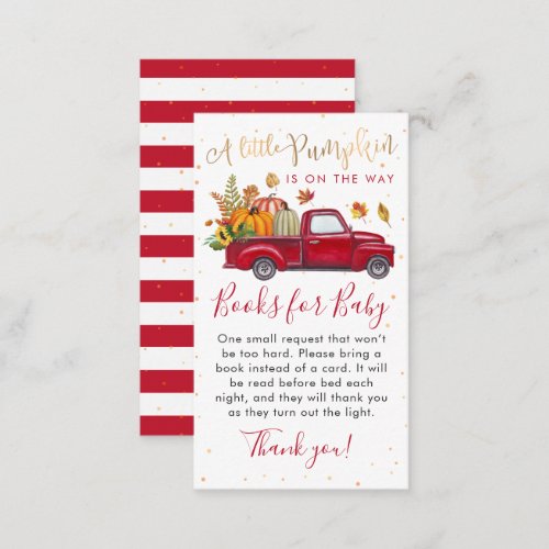 Red Truck Pumpkin Baby Shower Books for Baby Enclosure Card
