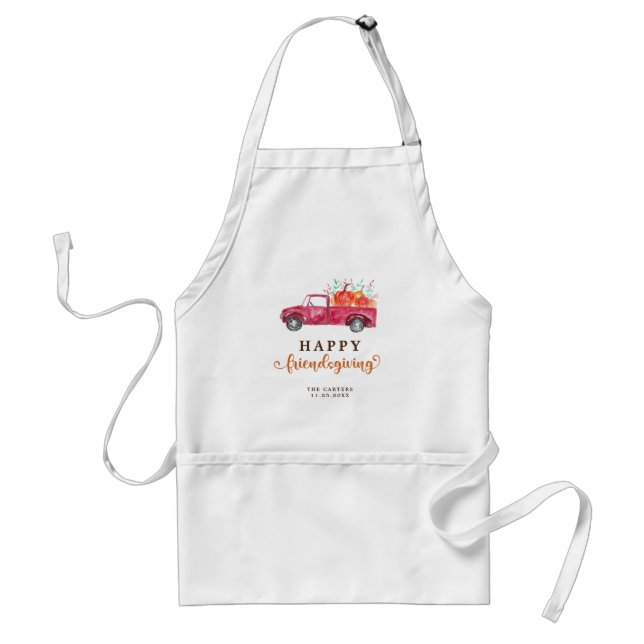 Red Truck Pumpkin Friendsgiving Fall Script Cute Adult Apron (Front)