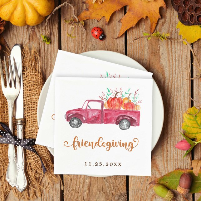 Red Truck Pumpkin Friendsgiving Fall Script Cute Napkins (Creator Uploaded)