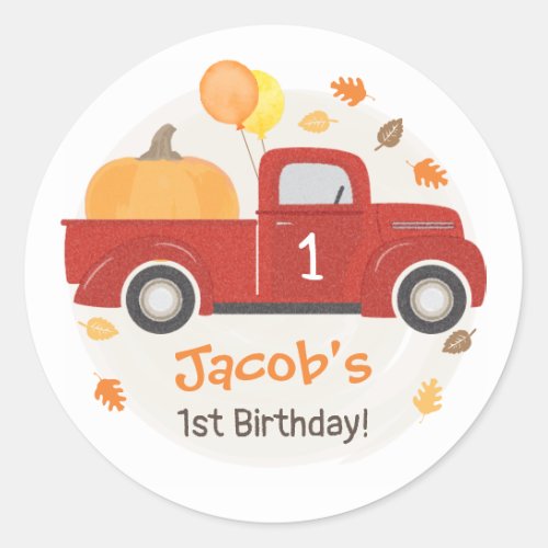 Red Truck Pumpkin  Leaves Fall 1st Birthday Boy Classic Round Sticker