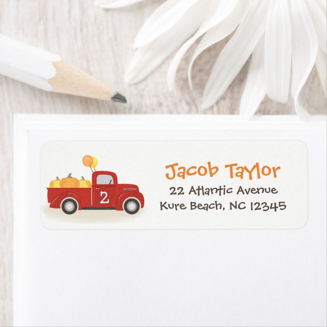 Red Truck Pumpkins Balloon Fall Birthday Boy Label (Insitu)