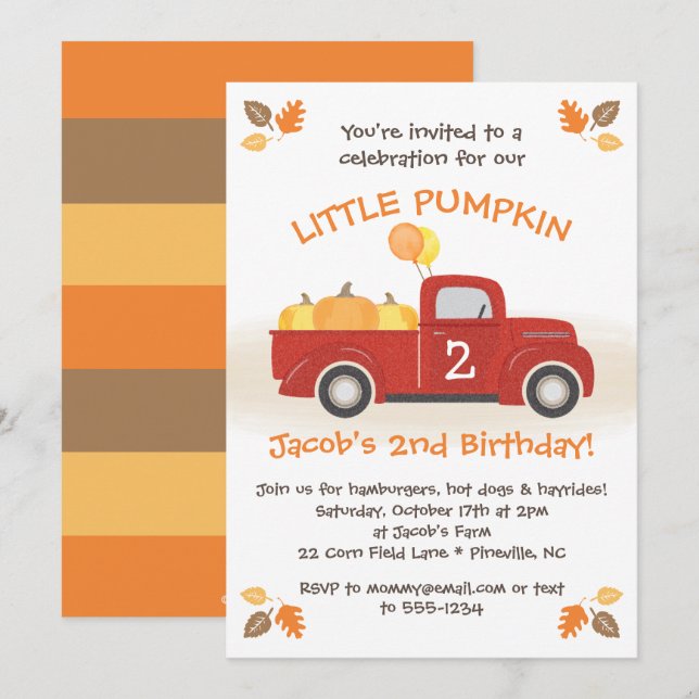 Red Truck Pumpkins Leaves Fall Birthday Boy Party Invitation (Front/Back)