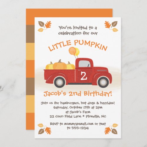 Red Truck Pumpkins Leaves Fall Birthday Boy Party Invitation