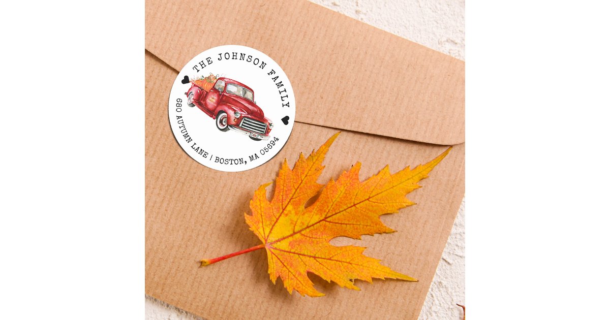 Red Return Sticker Red Truck Pumpkins Return Address Classic Round Sticker | Zazzle