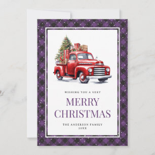 Red Truck Purple Buffalo Plaid Christmas Holiday Card