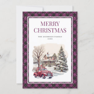 Red Truck Purple Buffalo Plaid Merry Christmas Holiday Card