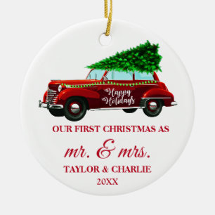 Red Truck Red Brush Script First Christmas Ceramic Ornament